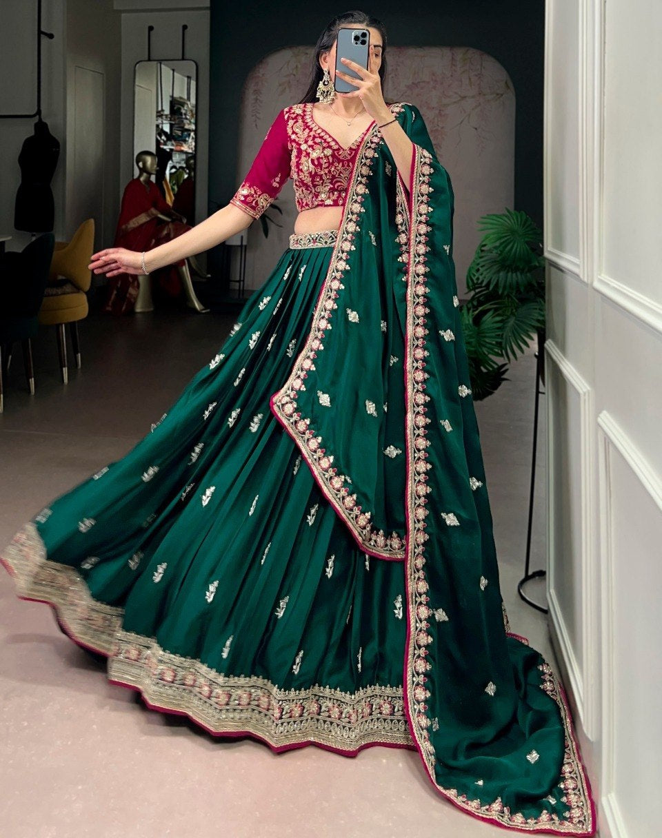 Luxury Silk Satin Embroidered Lehenga Set