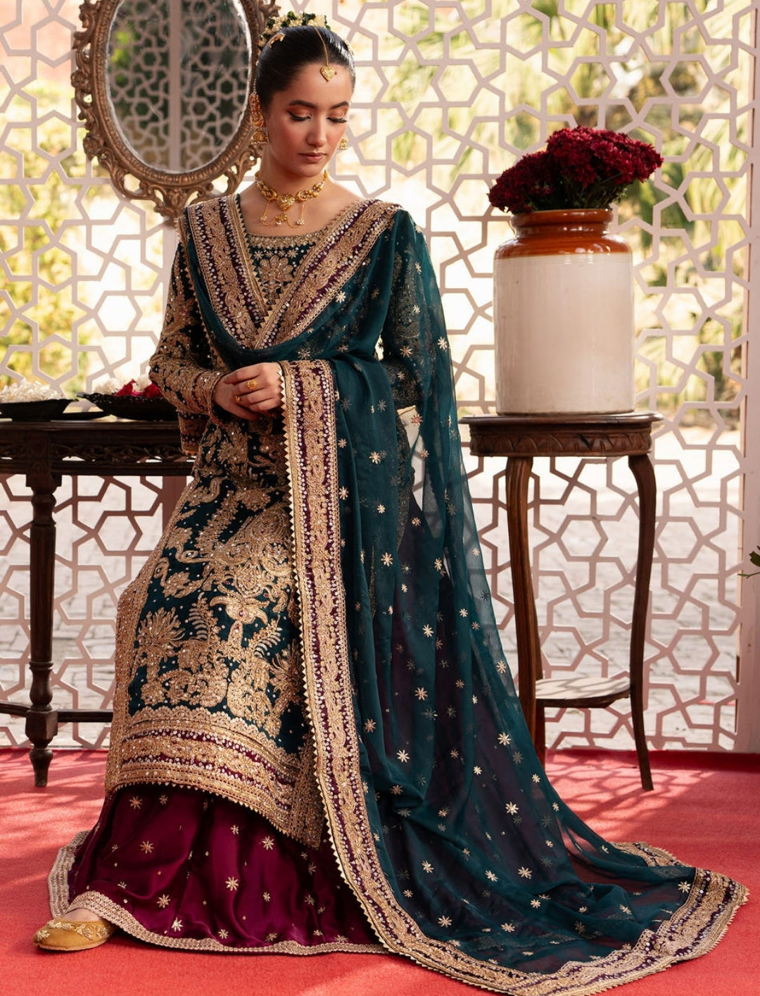 Bottle Green Wedding Wear Lehenga Set with Potli