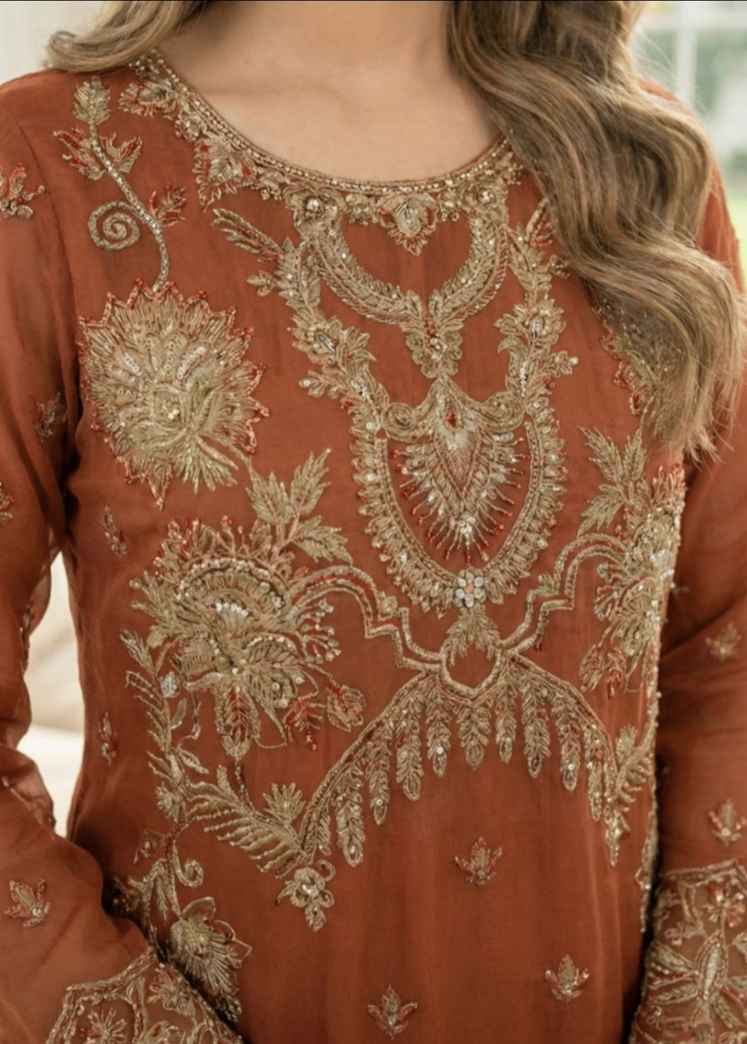Yumna Rust Organza Embroidered Kurta Set (3-Piece)