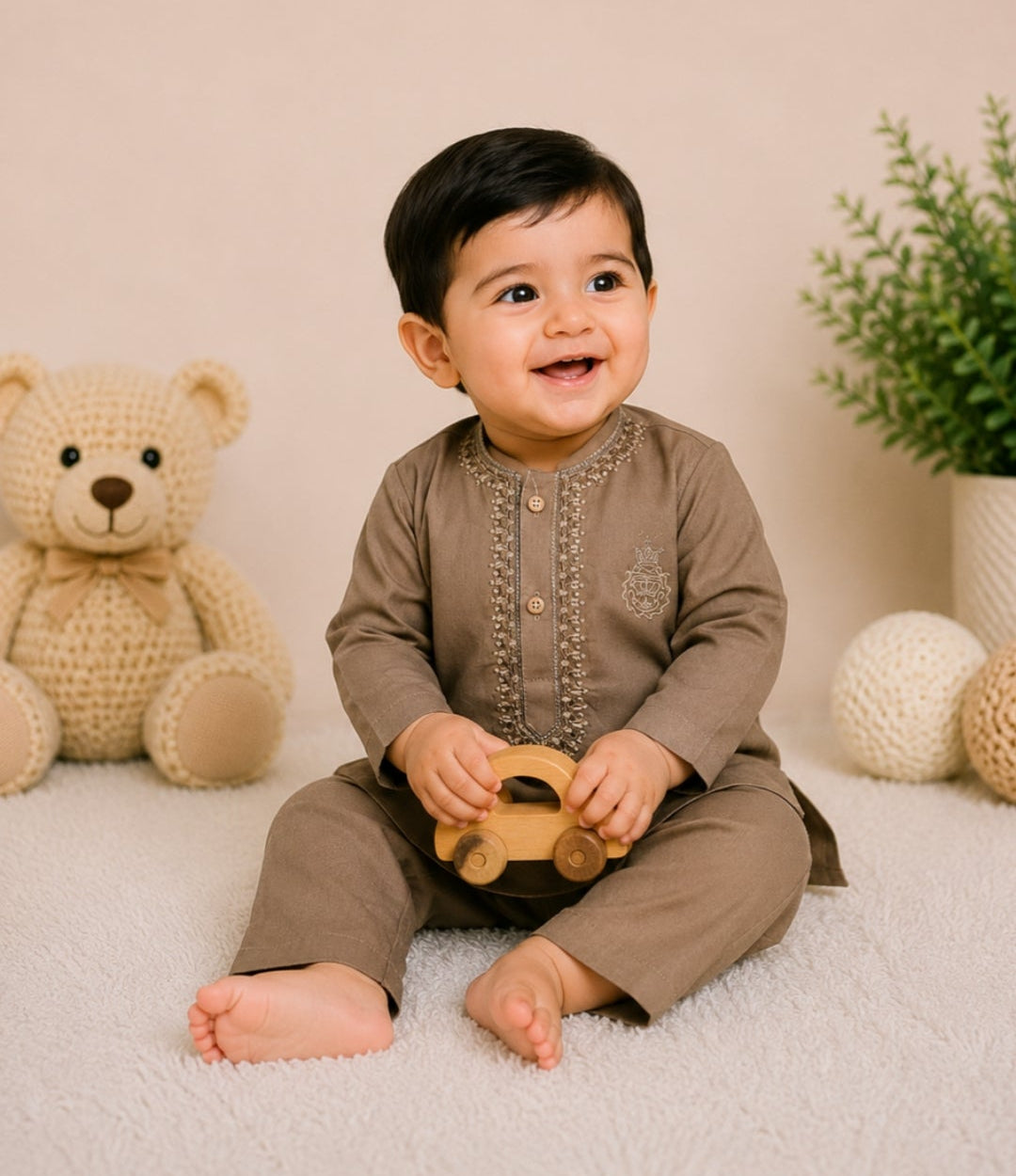 Little Baby Boy Embroidered Cotton Kurta Trouser Set – Earth Brown