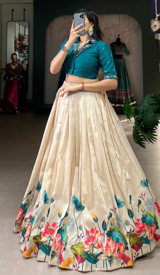 Tussar Silk Floral Lehenga with Mirror Work Blouse