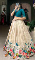 Tussar Silk Floral Lehenga with Mirror Work Blouse