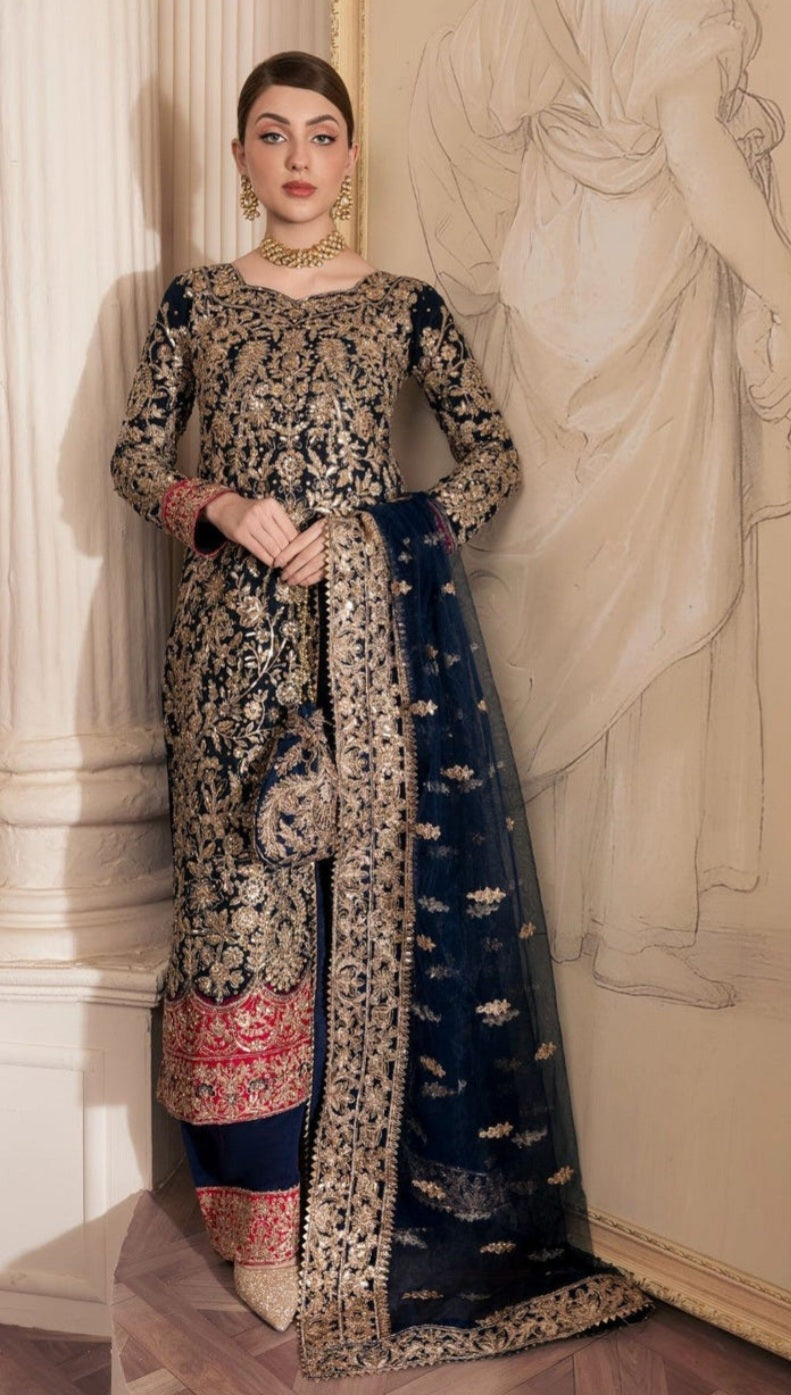 Navy Blue Embroidered Net Kurta Set with Dupatta