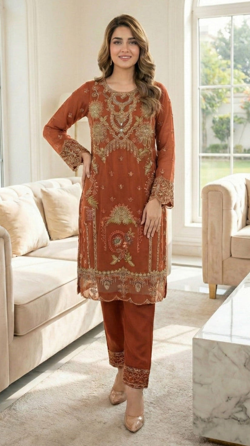 Yumna Rust Organza Embroidered Kurta Set (3-Piece)