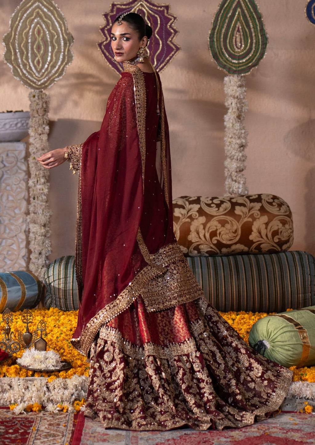Roshanara - Maroon Chiffon Straight Cut Lehenga Set with Dupatta