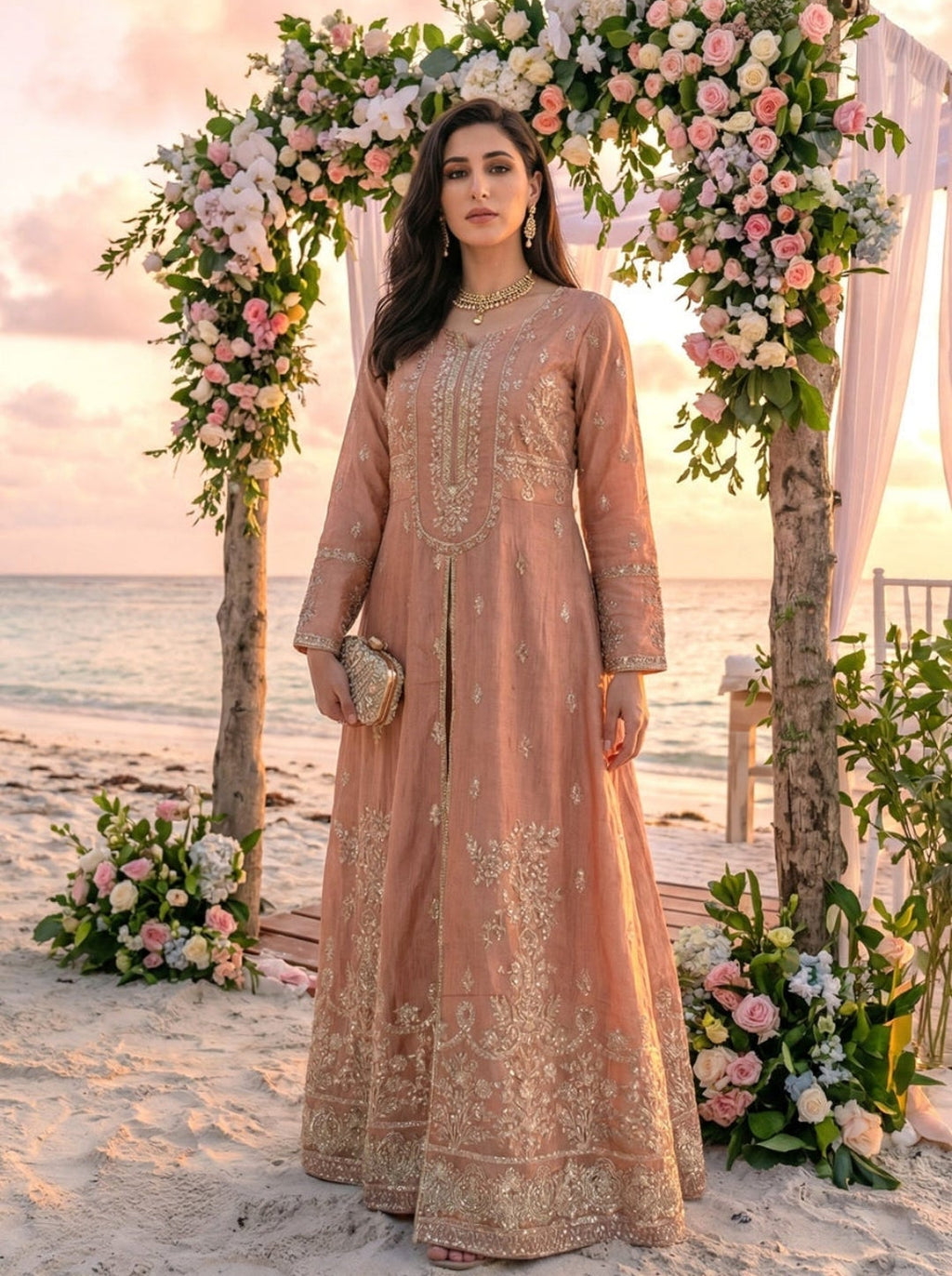 Peach Pink Embroidered Suit Set