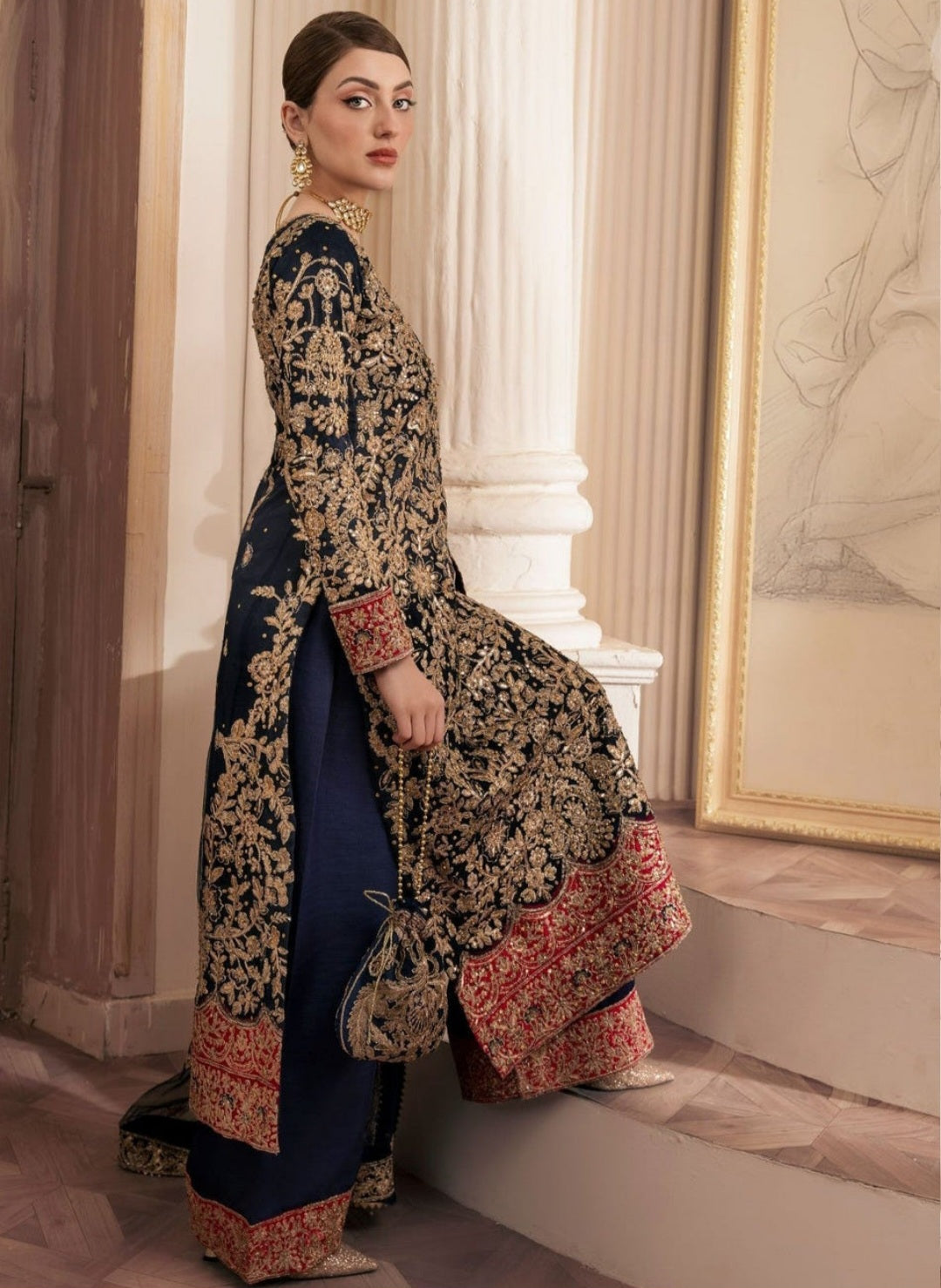 Navy Blue Embroidered Net Kurta Set with Dupatta
