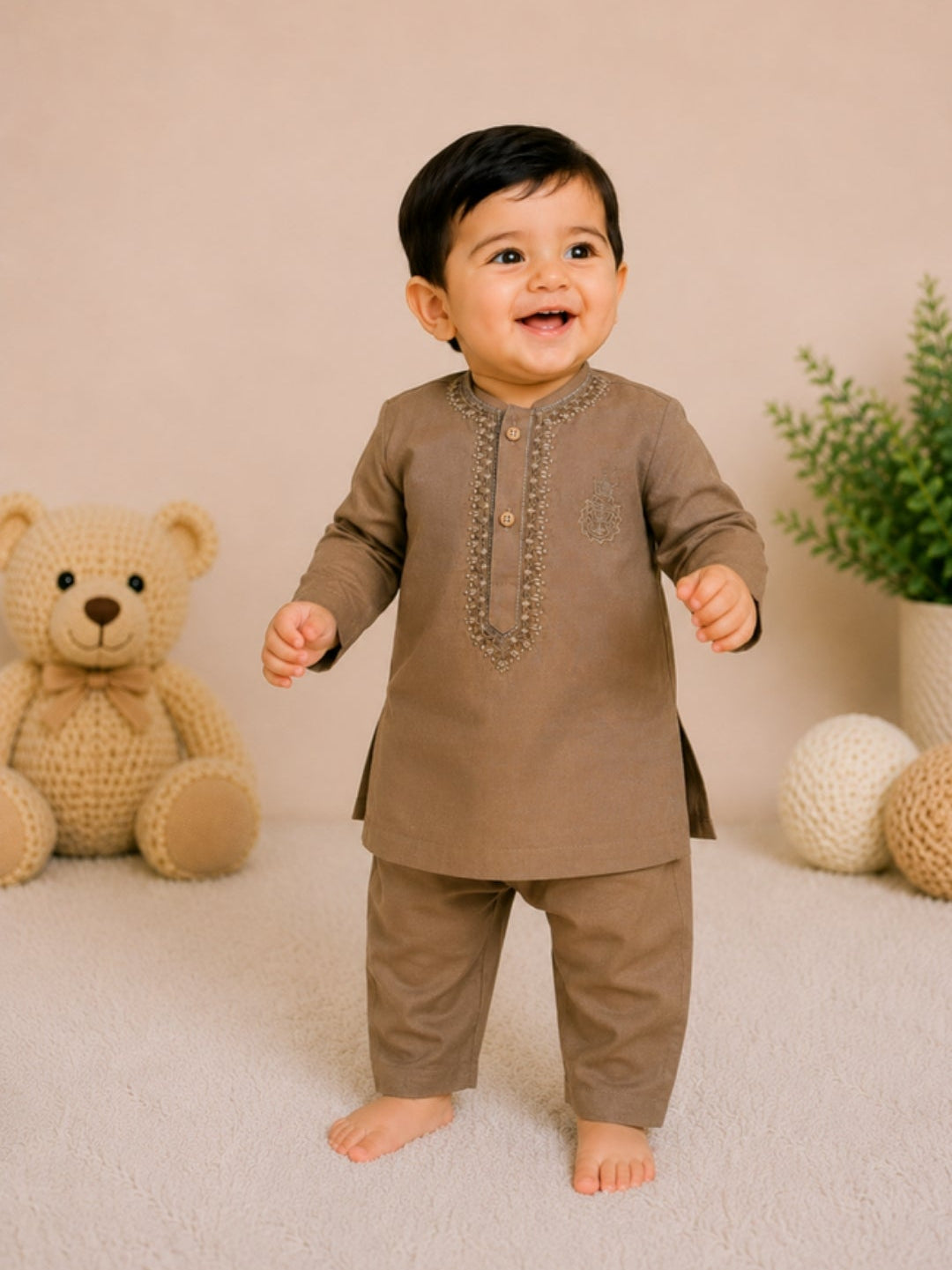 Little Baby Boy Embroidered Cotton Kurta Trouser Set – Earth Brown