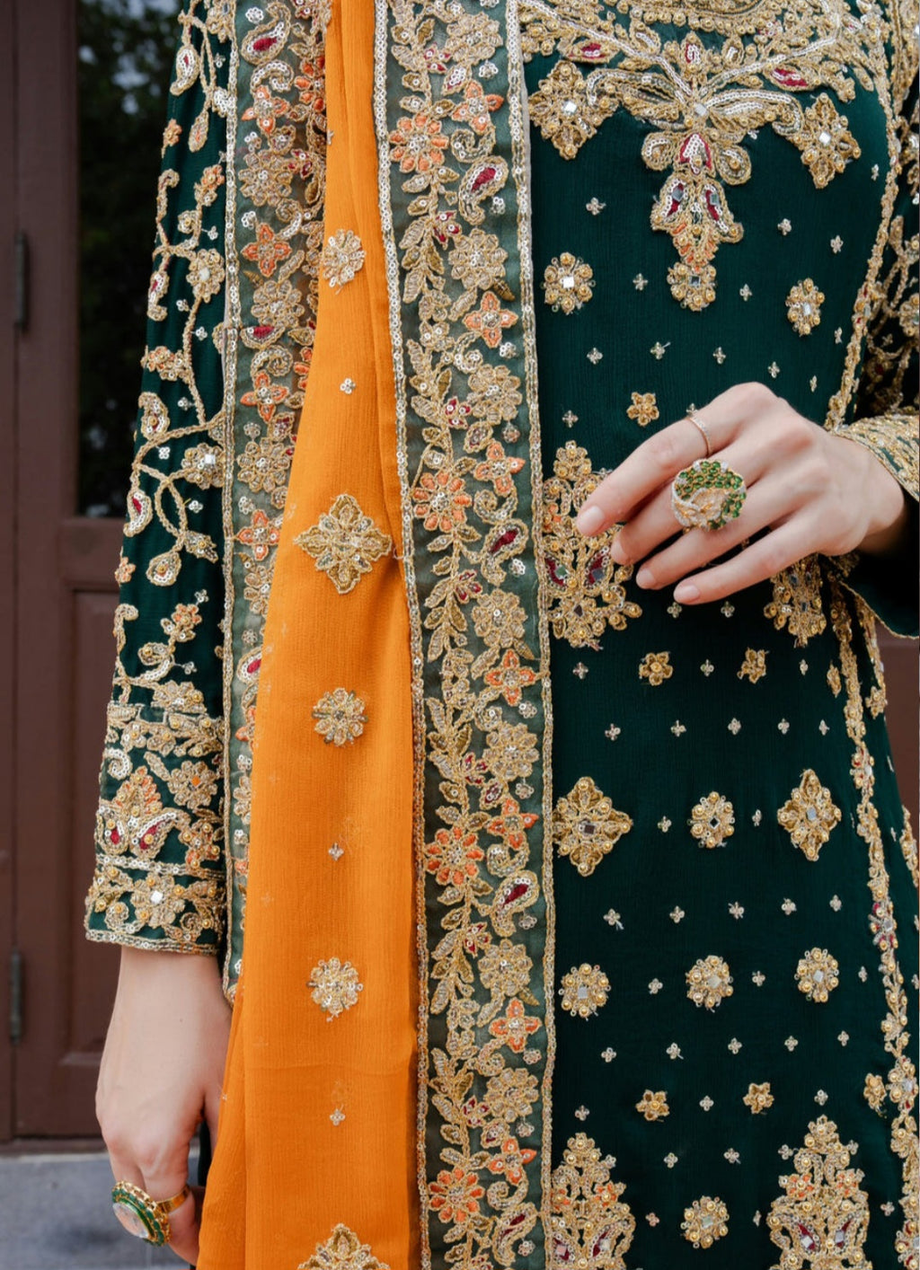Bottle Green Embroidered Kurta Set with Chiffon Dupatta