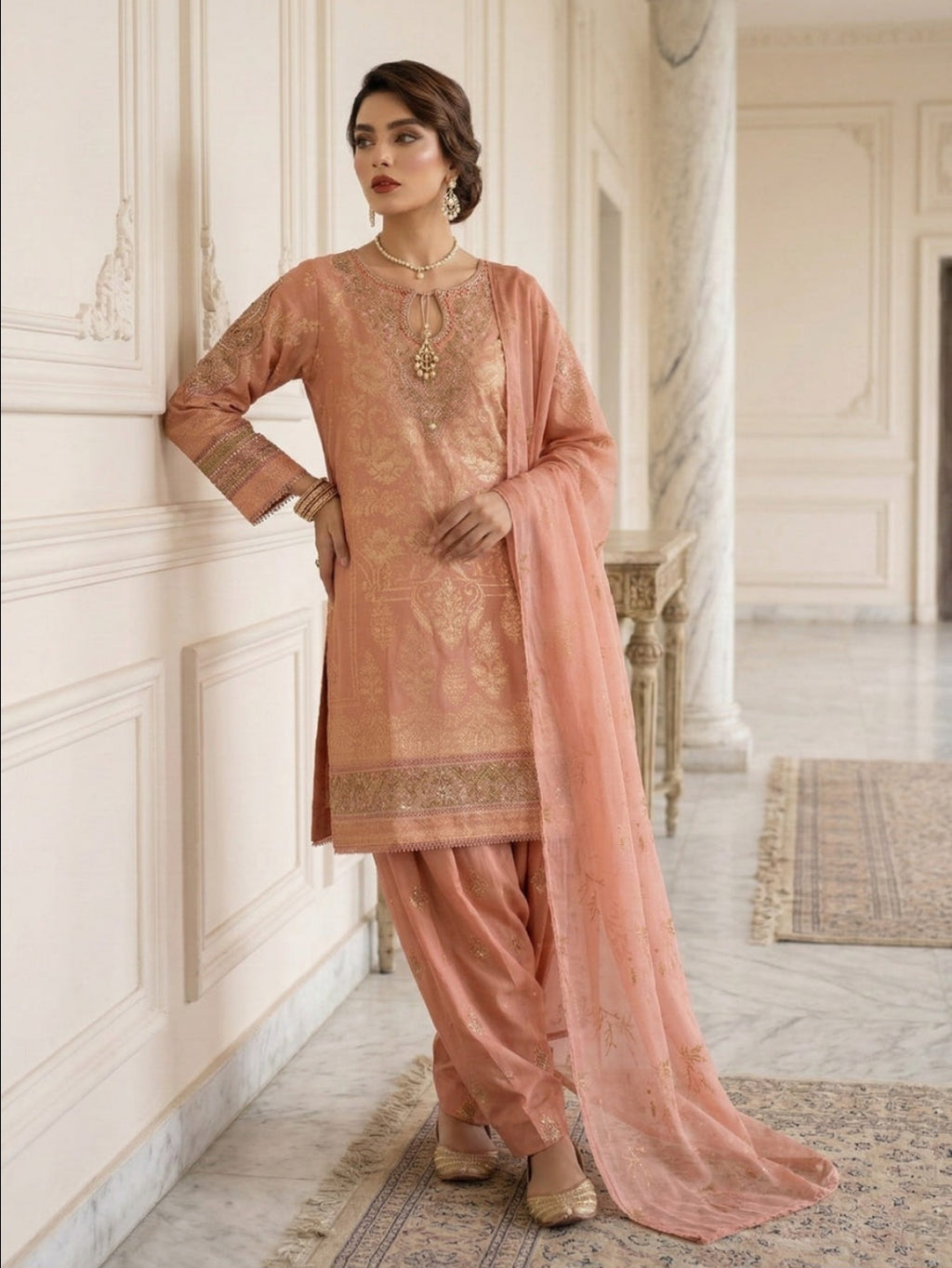Elegant Peach Pink Embroidered Suit Set