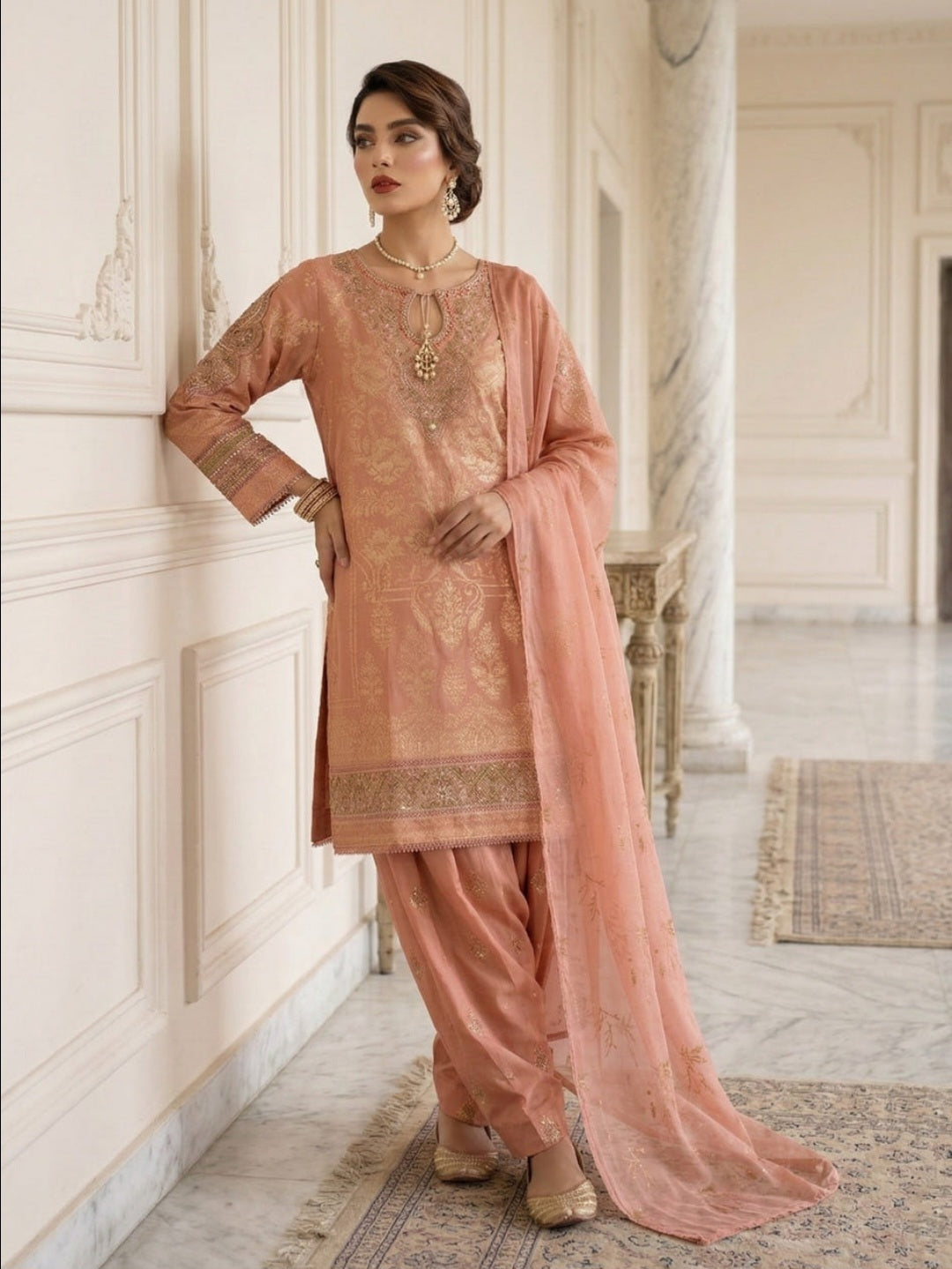 Elegant Peach Pink Embroidered Suit Set