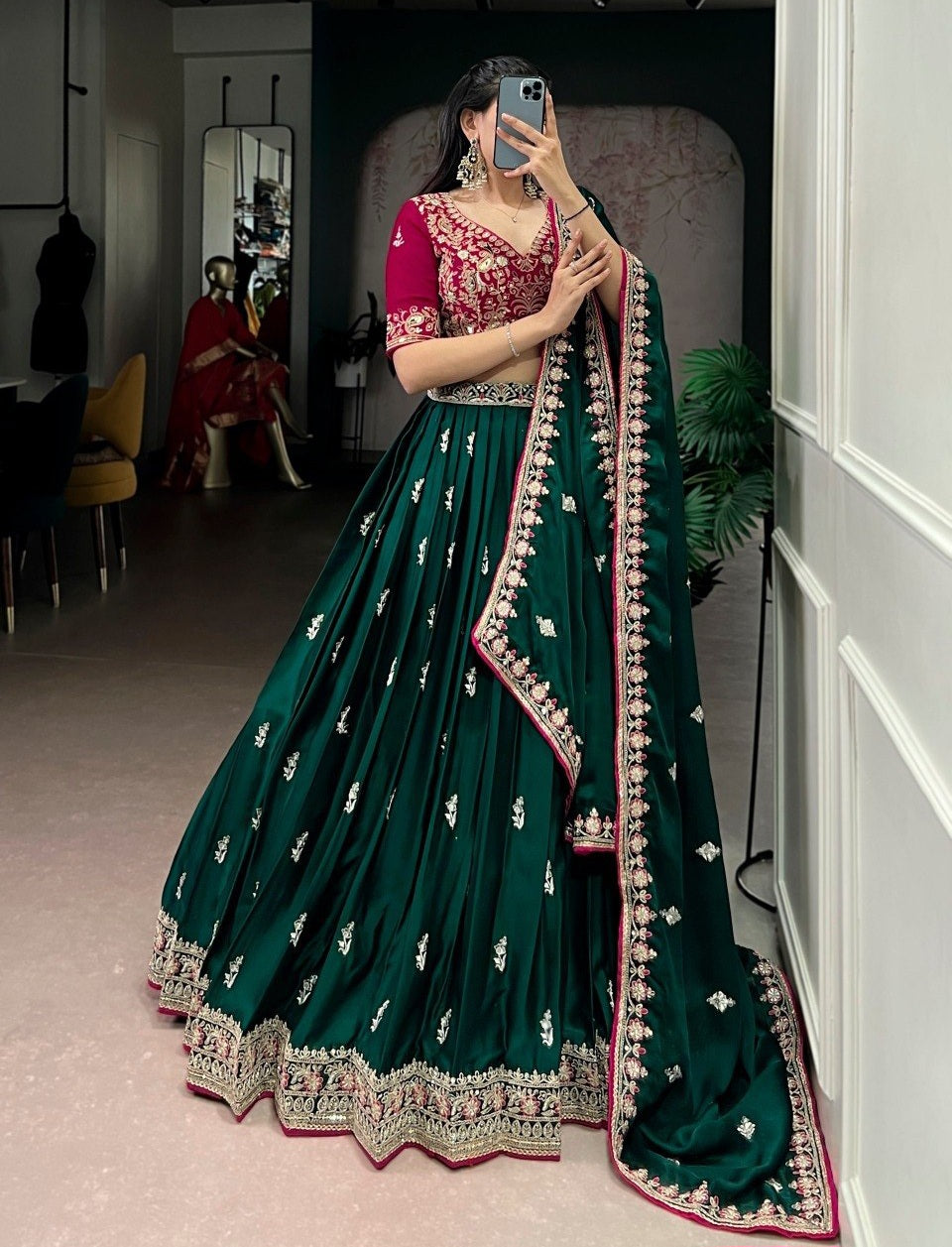Luxury Silk Satin Embroidered Lehenga Set
