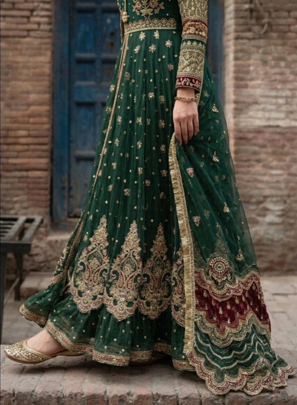 Green Embroidered Flared Maxi Suit Set