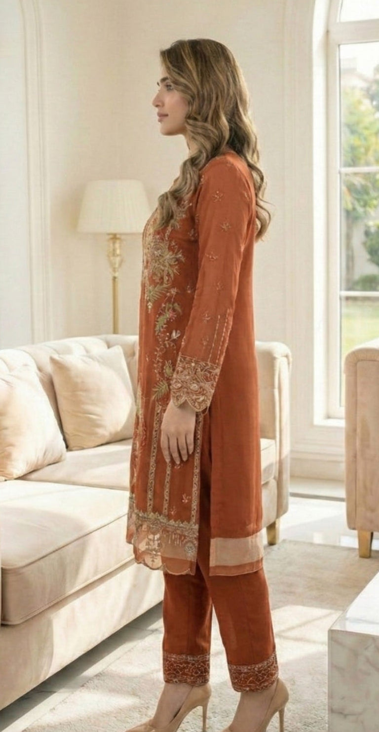 Yumna Rust Organza Embroidered Kurta Set (3-Piece)