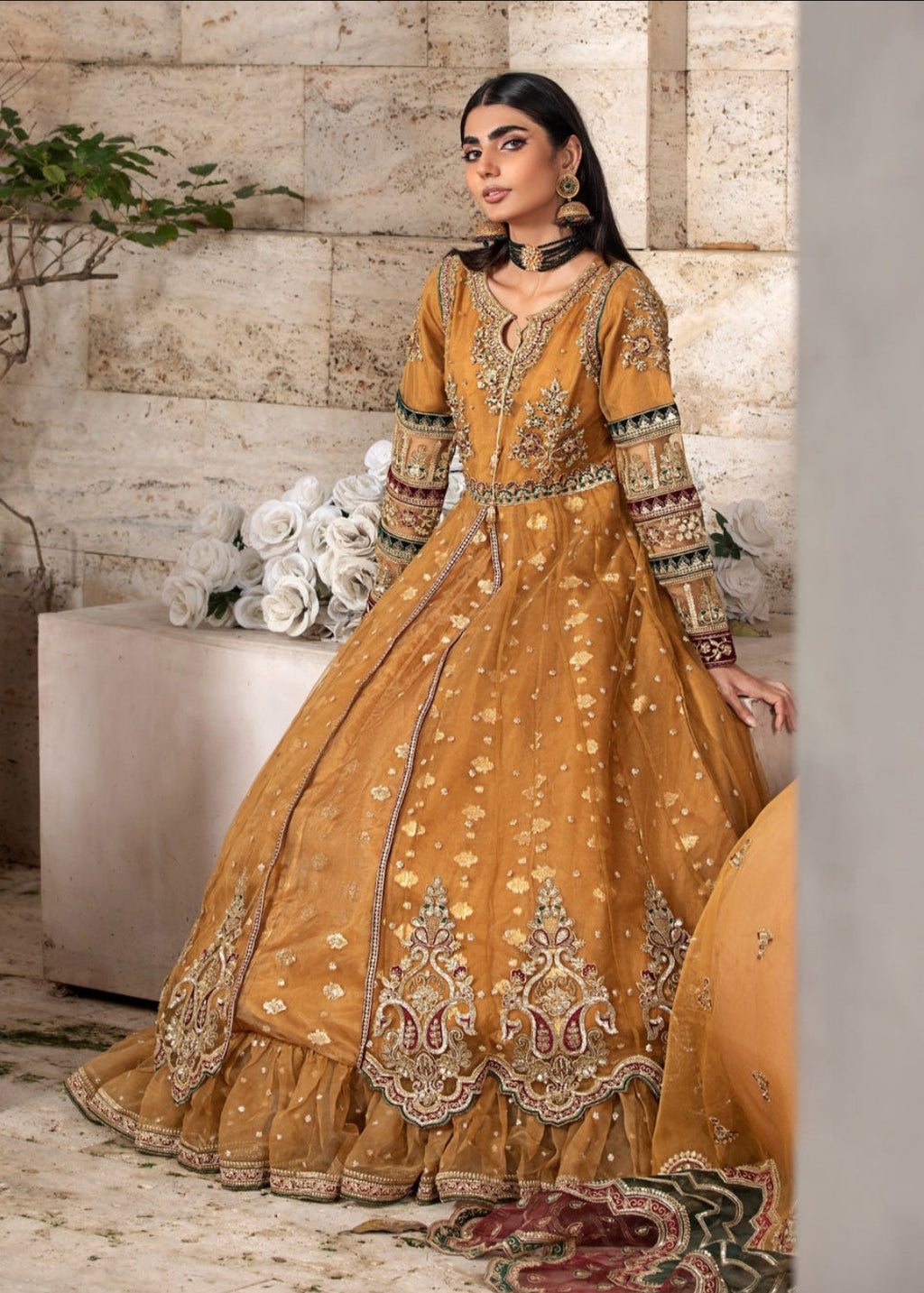 Golden Embroidered Flared Maxi Suit Set
