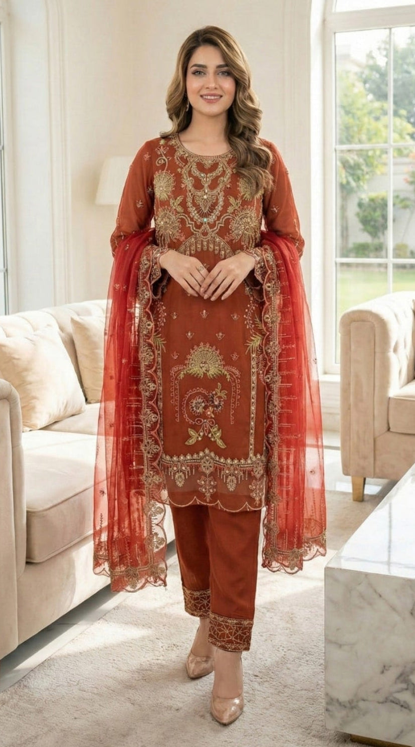 Yumna Rust Organza Embroidered Kurta Set (3-Piece)