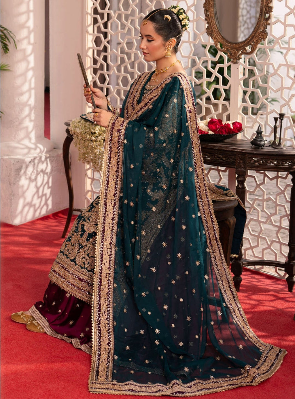 Bottle Green Wedding Wear Lehenga Set with Potli