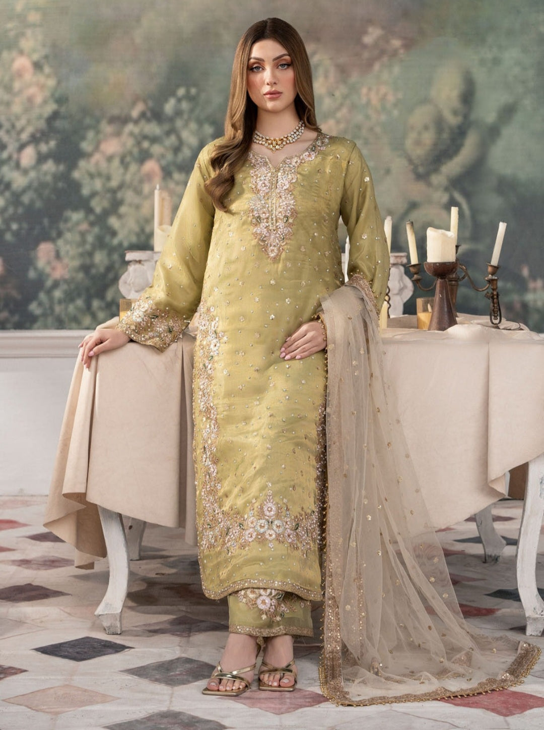 Elegant Embroidered Poly Silk Palazzo Suit (Size 50 & 52)