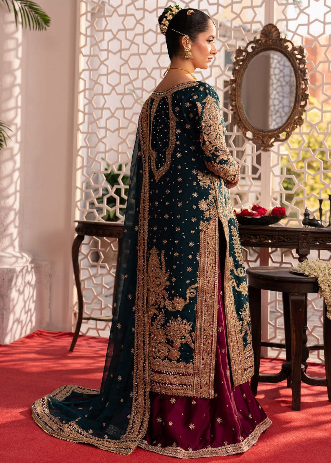 Bottle Green Wedding Wear Lehenga Set with Potli