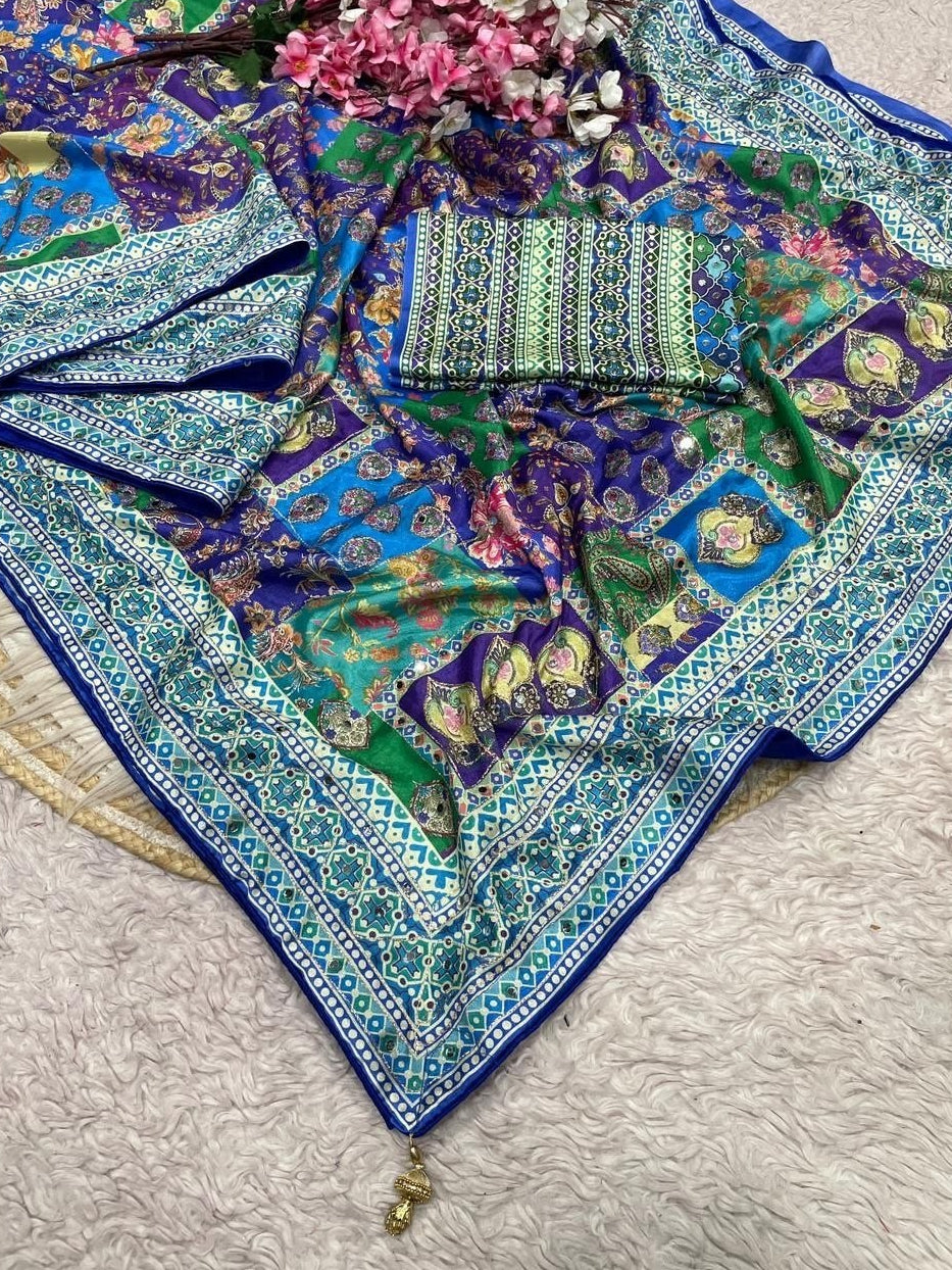 Designer Chinon Silk Saree (Blue Purple)